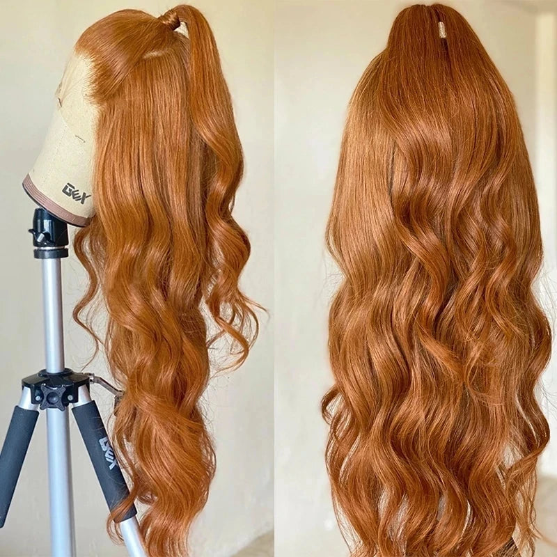 Transform your look with this ginger orange wavy hair synthetic lace front wig. With a soft and heat-resistant design, this 26-inch long wig is glueless, preplucked, and perfect glueless. -