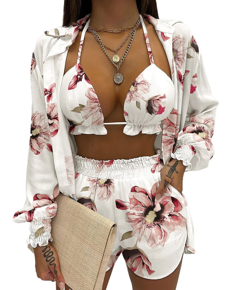 2024 New Bathing Suit Shorts Cover Up Summer Three Pieces Swimwear Sexy Beachwear High Waist Bikini Set Print Women's Swimsuit -