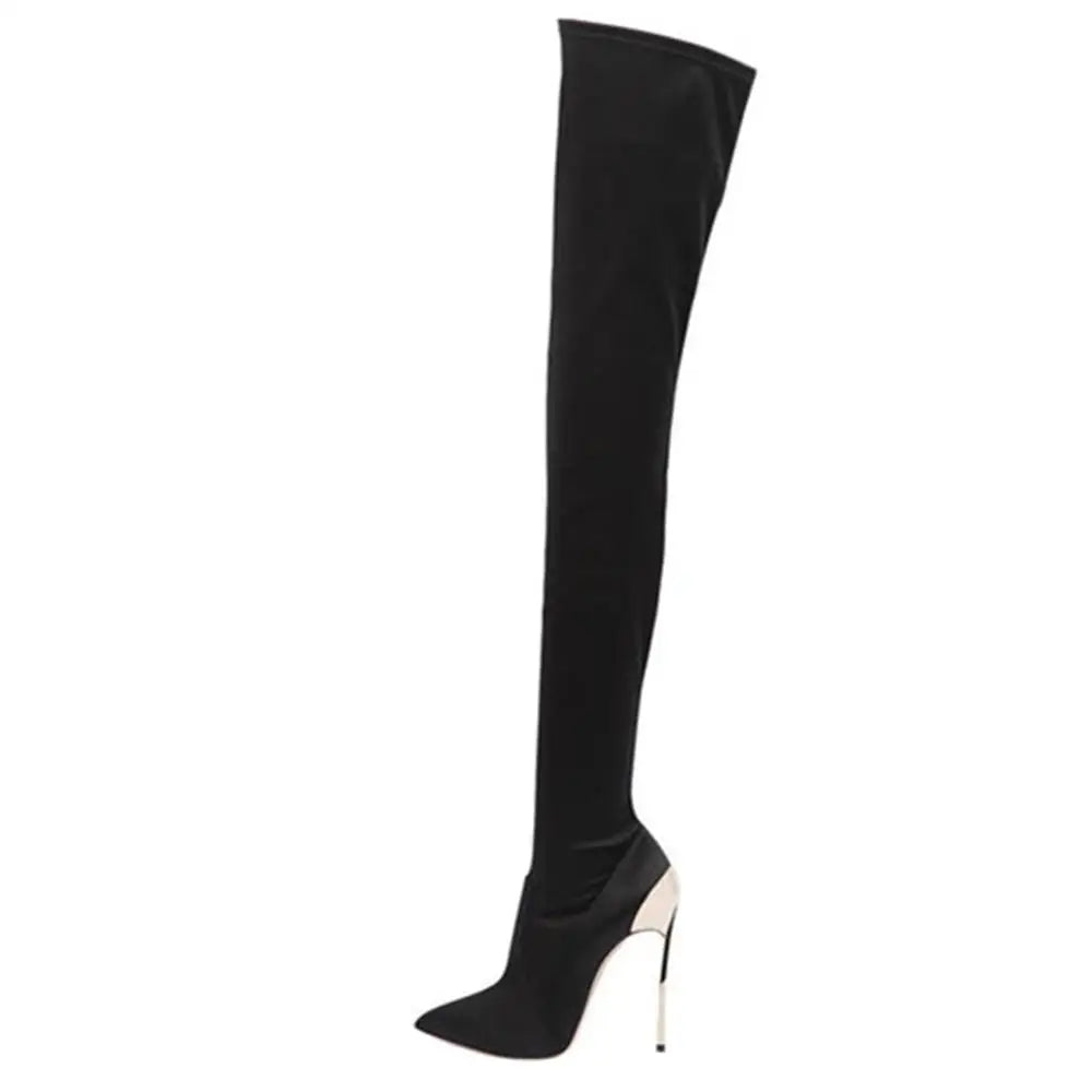 Arden Furtado 2025 Autumn Stretch boots Metal stiletto heels Over the knee boots Pointed Toe Super high heel thigh high boots 41 -