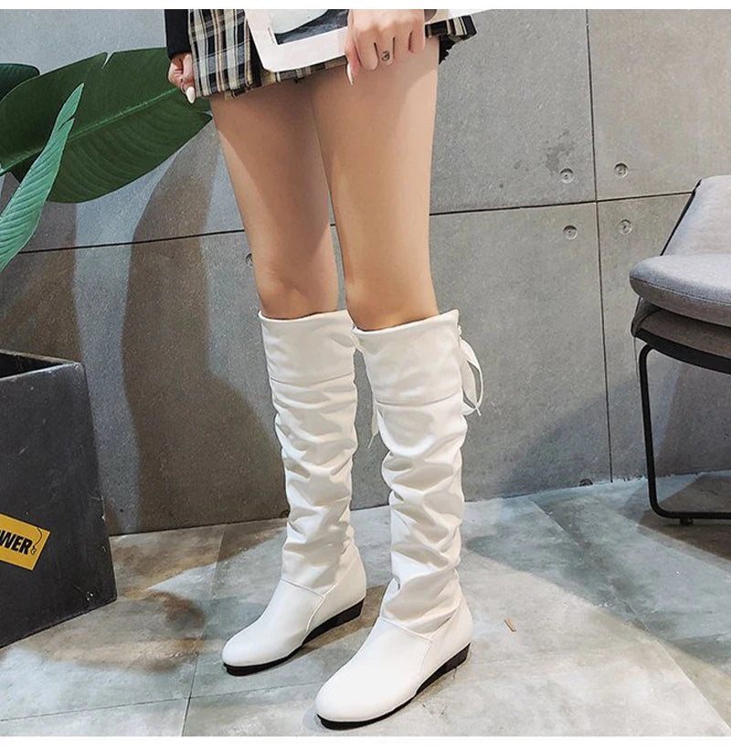 2023Shoes For Women Knee High Boots Red Black White Tall Boots Woman Pleated Low Heel Casual Leather Female Long Shoes -