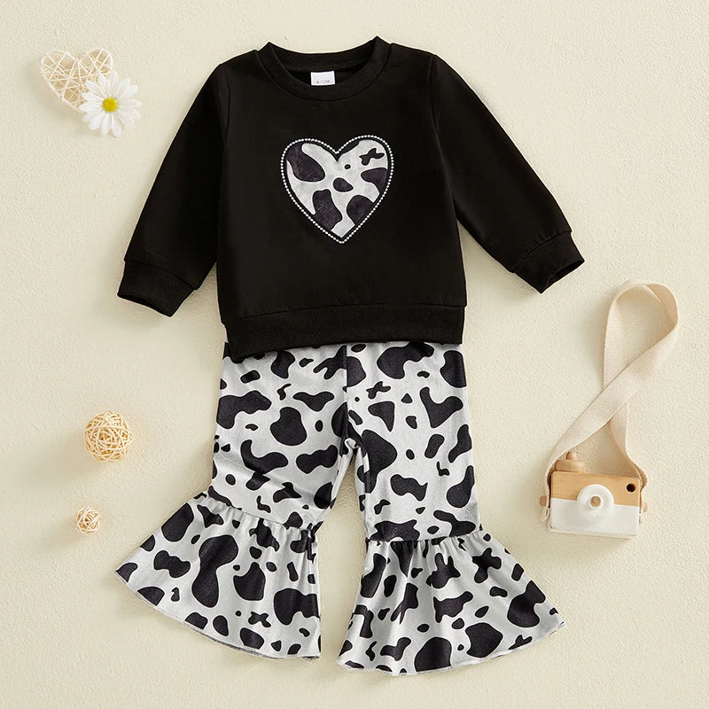 Little Girls 2PCS Fall Sets Long Sleeve O Neck Tops Leopard Print Flared Pants Set -