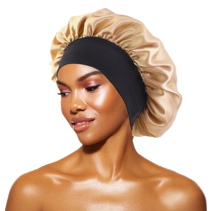 Protect your hair in style with these satin solid bonnets. Featuring a wide-brim design, these hats are perfect for night sleeping or bathing and are suitable for both men and women. -