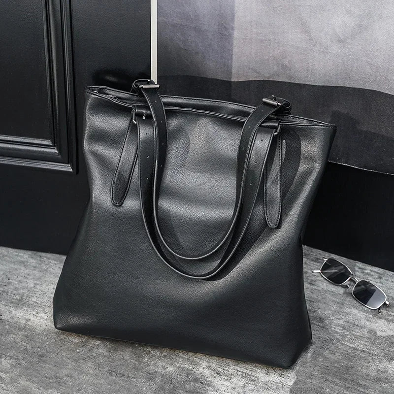 Soft Leather Tote Bag for Men Japanese Korea Style Business Casual Street Handbag Male Large Capacity Zipper Laptop Underam Bags -