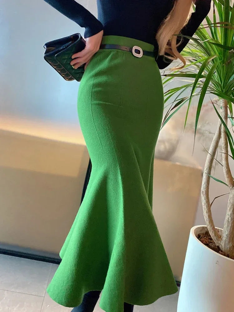 Women's Skirts Knitted Long Skirts for Women Fashion 2025 Autumn Winter Solid Color Green Vintage Slim A-LINE Skirts for Woman -
