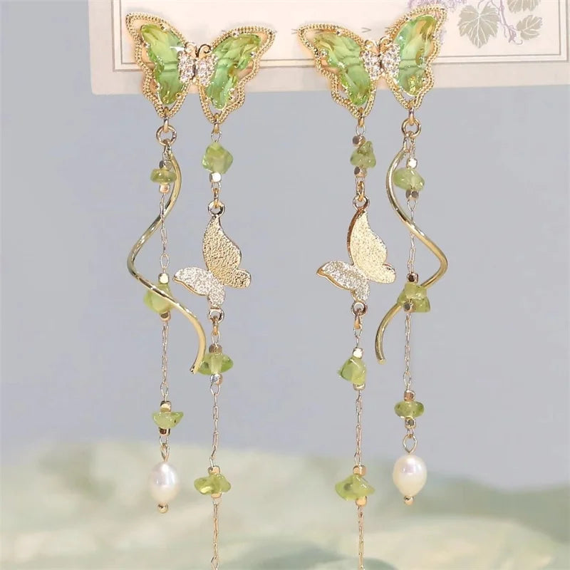 Elegant Red Zircon Butterfly Drop Earrings -