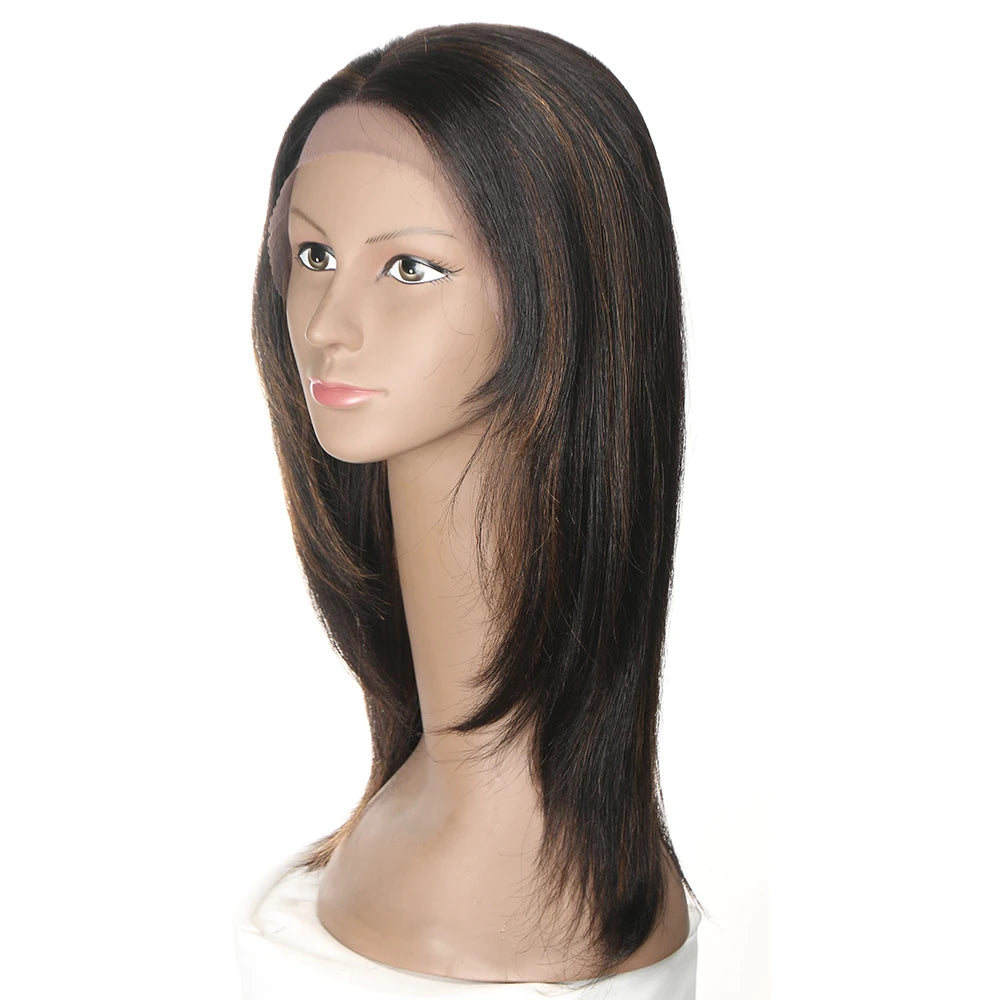 Turn heads with this sleek 18-inch 13x4 lace front Brazilian hair wig—straight, colored, and highlighted for a flawless, natural look! -