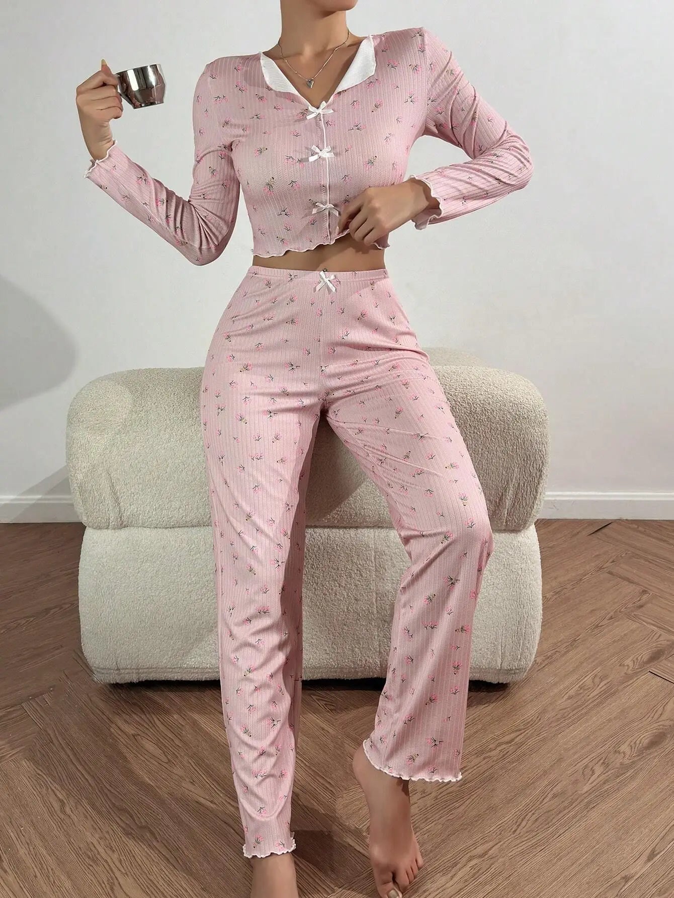 Y2K Cute Floral Ribbed Pajama Set Womens Long Sleeve V Neck Two Piece Sleepwear Homewear Autumn Winter Bow Lettuce Trim New Hot -