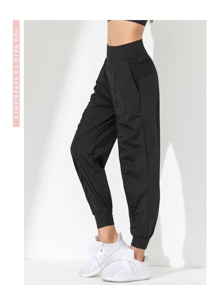 Woman Yoga Pants Hem Bound Running Fitness Loose Slim Quick-Dry Yoga Pants Pleated Capris Pockets Jogging Pants Sports pants -