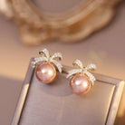 Sparkling Rhinestone Bow Pearl Stud Earrings -