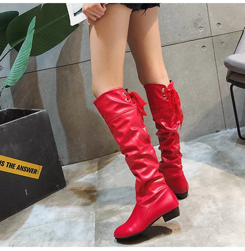 2023Shoes For Women Knee High Boots Red Black White Tall Boots Woman Pleated Low Heel Casual Leather Female Long Shoes -