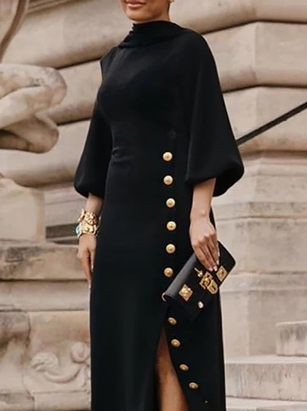 Modigirl Wedding Prom Evening Gown Party Slit Maxi Dresses for Woman 2025 New Lace Up Gold Button Womens Black Autumn Long Dress -