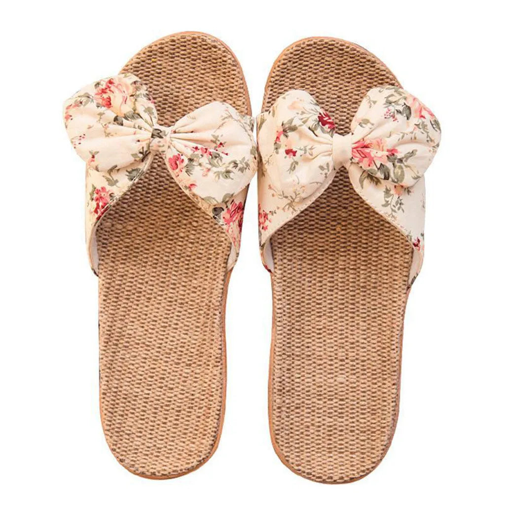 Ladies' Bohemian Style Bow Flower Linen Slippers Sandals Beach Shoes Home Shoes Beach Slippers Indoor Non Slip Shoes 2024 -