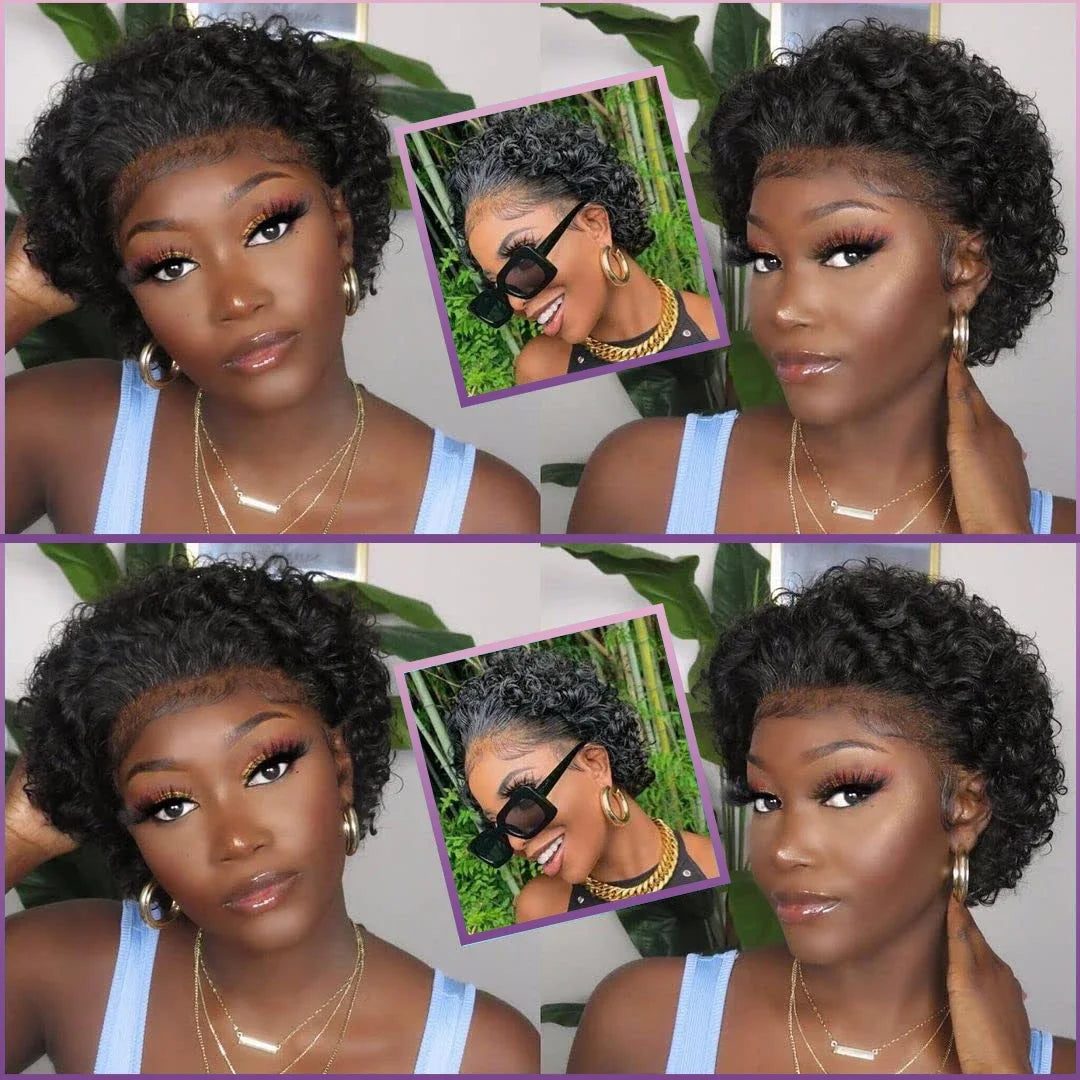 Achieve a natural look with this lace frontal short kinky curly bob wig. Made from Brazilian water wave hair, this trendy hairstyle is perfect for a stylish and fashionable appearance. -