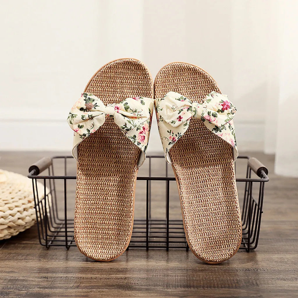 Ladies' Bohemian Style Bow Flower Linen Slippers Sandals Beach Shoes Home Shoes Beach Slippers Indoor Non Slip Shoes 2024 -