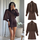 Brown Dress for Women Backless Slim Fit Long Sleeve -