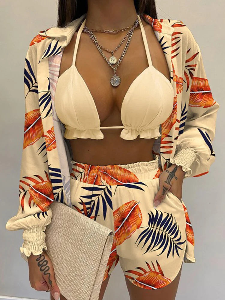 2024 New Bathing Suit Shorts Cover Up Summer Three Pieces Swimwear Sexy Beachwear High Waist Bikini Set Print Women's Swimsuit -