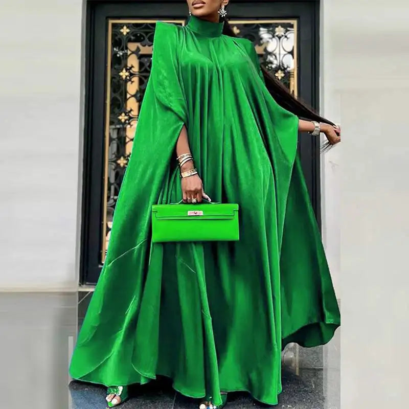Plus Size 5XL VONDA 2023 Women Stand Collar Elegant Satin Dress Long Bat Sleeve Evening Pleated Maxi Sundress Casual Solid Robe -