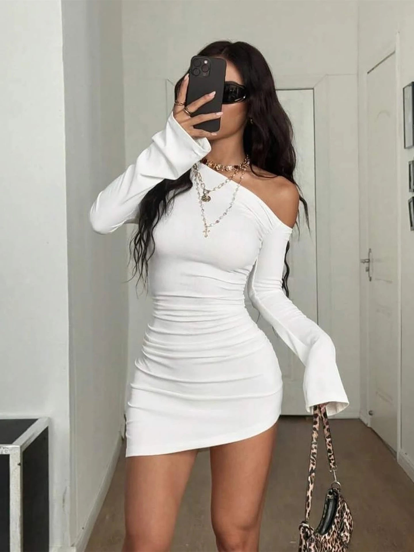 Shoulder Long Sleeve Mini Dress -
