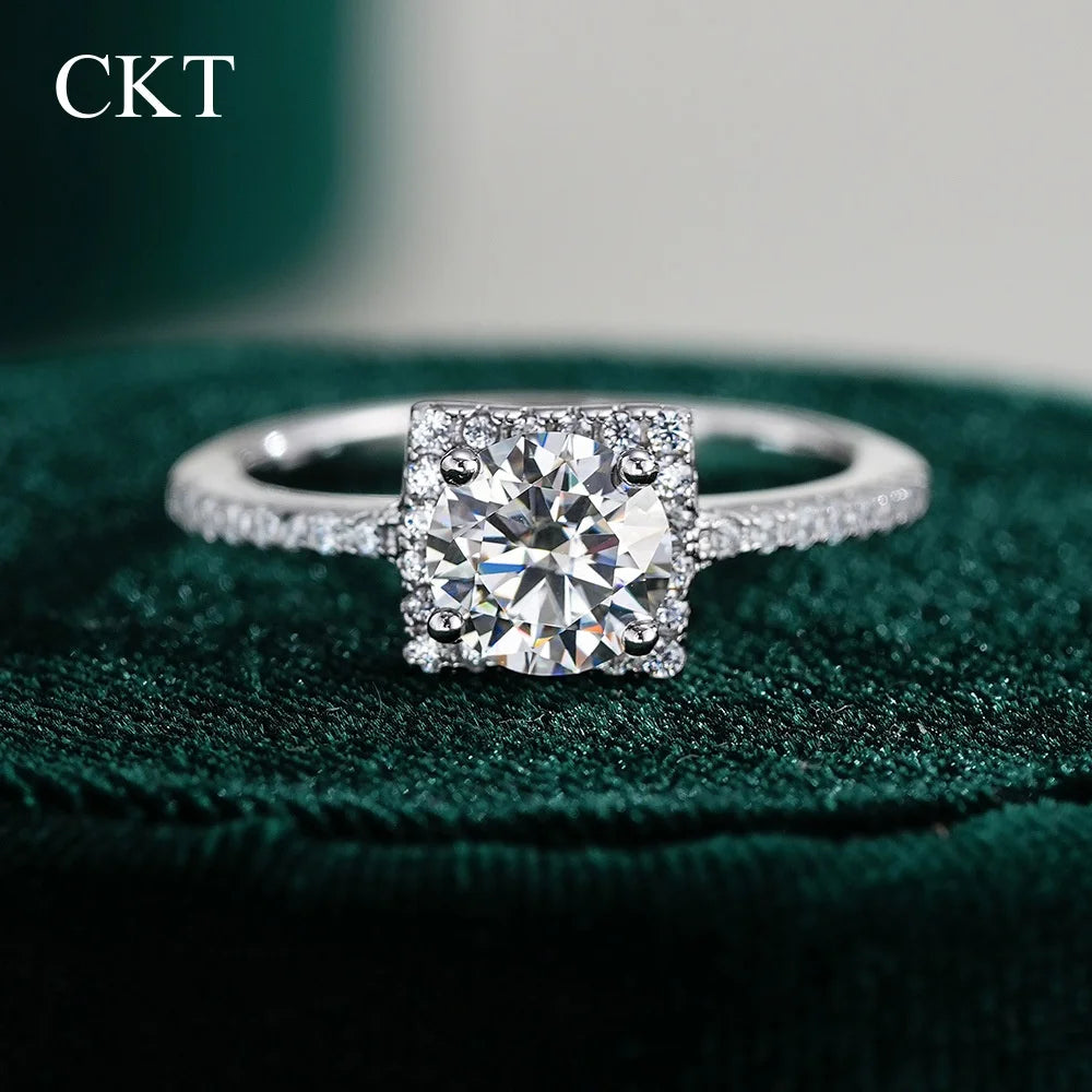CKT Real 18k White Gold 1 Carat Moissanite Diamond Ring for Women Square with Platinum Pt950 Generous Four Claws Fine Jewelry -