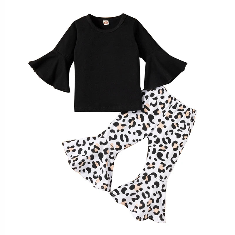 2pcs Baby Girl Clothes Sets Black Pullover Top + Leopard Print Bell-Bottoms Autumn Children's Clothing For 2 3 4 5 7 8 Years Old -