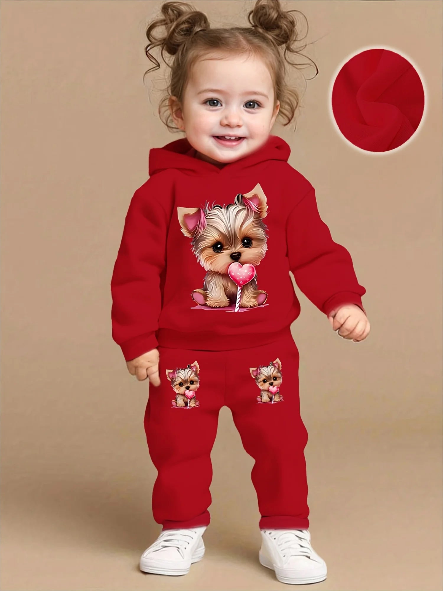 Keep your baby girl cozy and adorable with this fleece hoodie and pants set featuring a cute dog pattern print! -