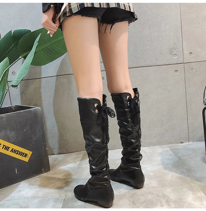 2023Shoes For Women Knee High Boots Red Black White Tall Boots Woman Pleated Low Heel Casual Leather Female Long Shoes -