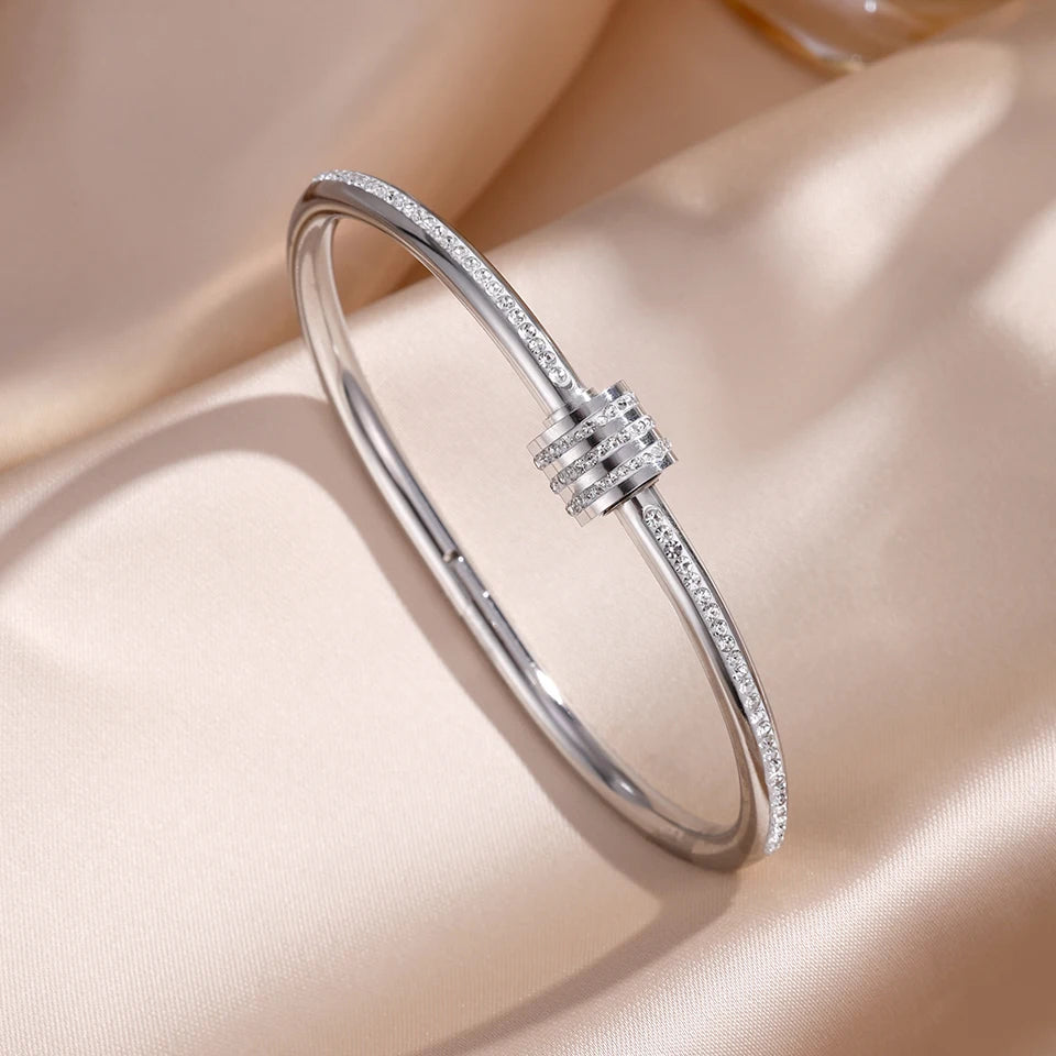 5/1pcs Sparkling Zirconia Inlaid Stainless Steel Bracelet Set -
