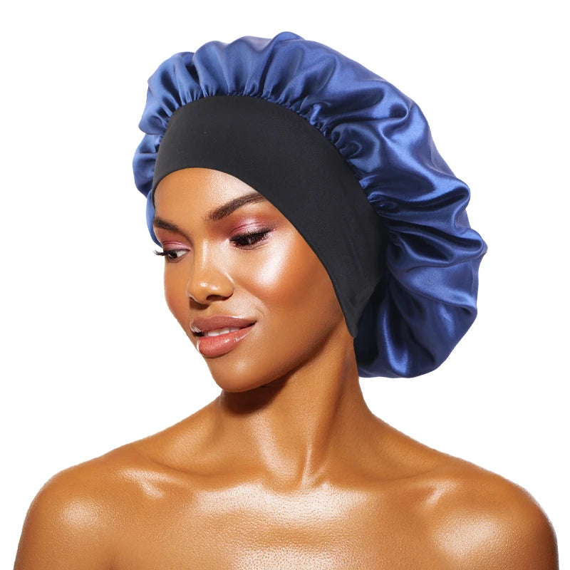 Protect your hair in style with these satin solid bonnets. Featuring a wide-brim design, these hats are perfect for night sleeping or bathing and are suitable for both men and women. -