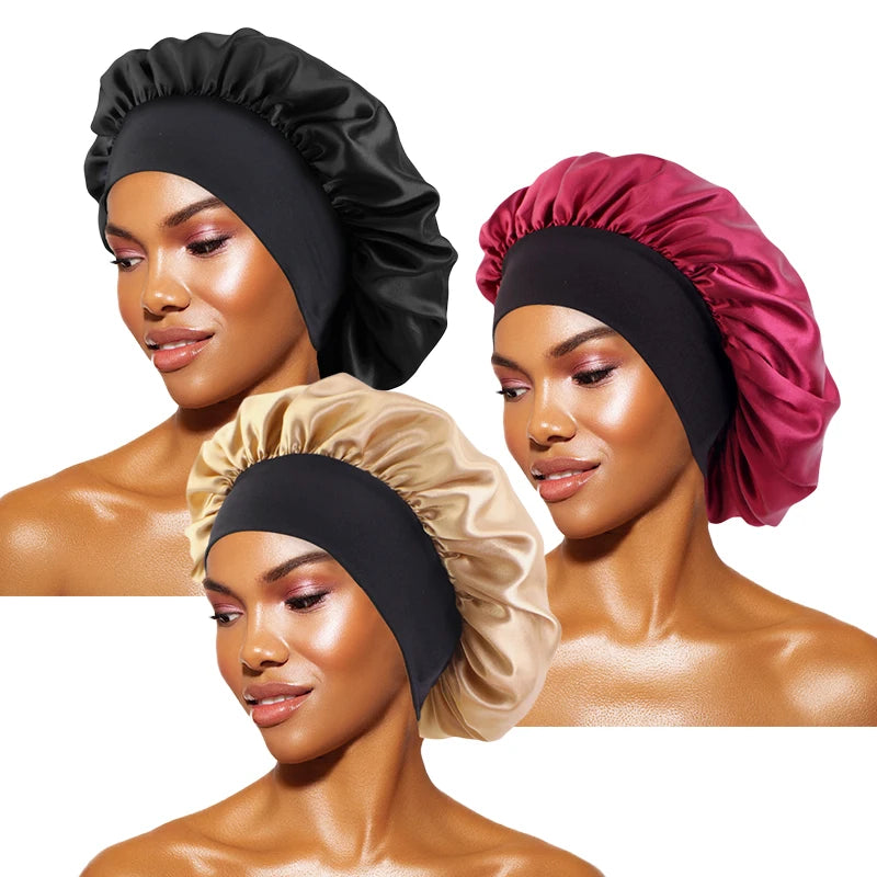 Protect your hair in style with these satin solid bonnets. Featuring a wide-brim design, these hats are perfect for night sleeping or bathing and are suitable for both men and women. -