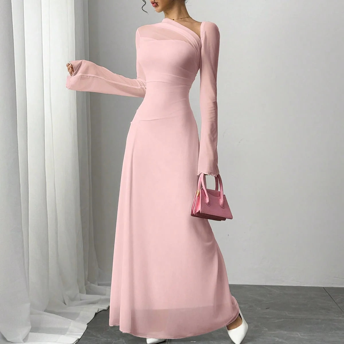 Women's pink tulle explosion slim irregular diagonal shoulder long dress -