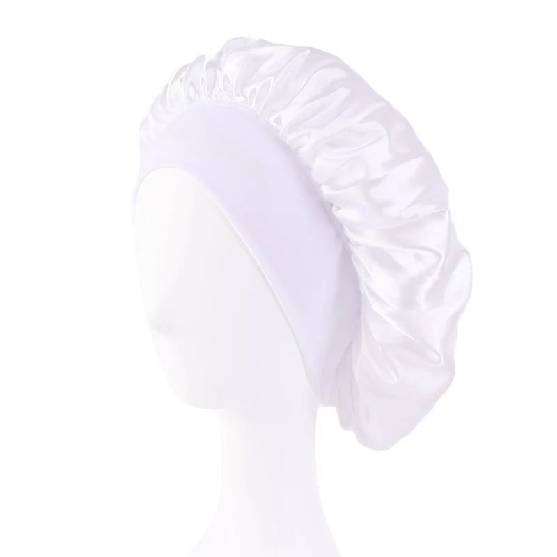 Protect your hair in style with these satin solid bonnets. Featuring a wide-brim design, these hats are perfect for night sleeping or bathing and are suitable for both men and women. -