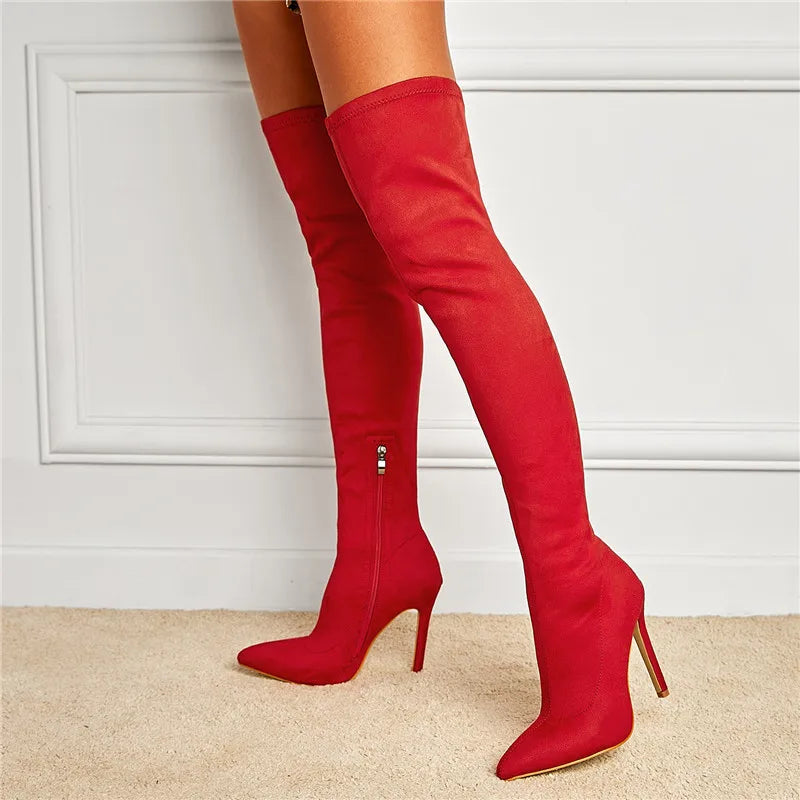 Eilyken Sexy Fashion Pointed Toe Over-The-Knee Boots Women Red Zipper High Heels Shoes Winter Striptease Motorcycle Long Botas -