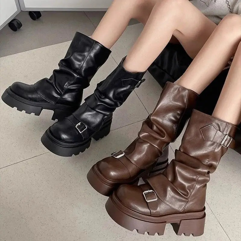 Shoes for Women 2024 Mid-Calf Women's Boots Platform Modern Boots Women Belt Buckle Square Toe Side Zip Square Heel Shoes Female -