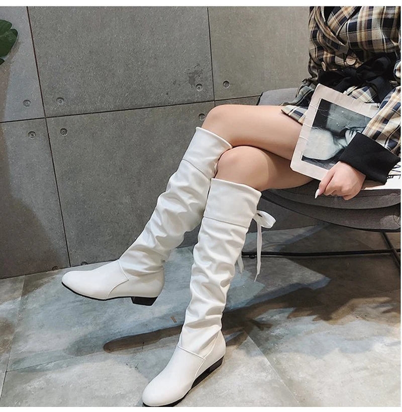 2023Shoes For Women Knee High Boots Red Black White Tall Boots Woman Pleated Low Heel Casual Leather Female Long Shoes -