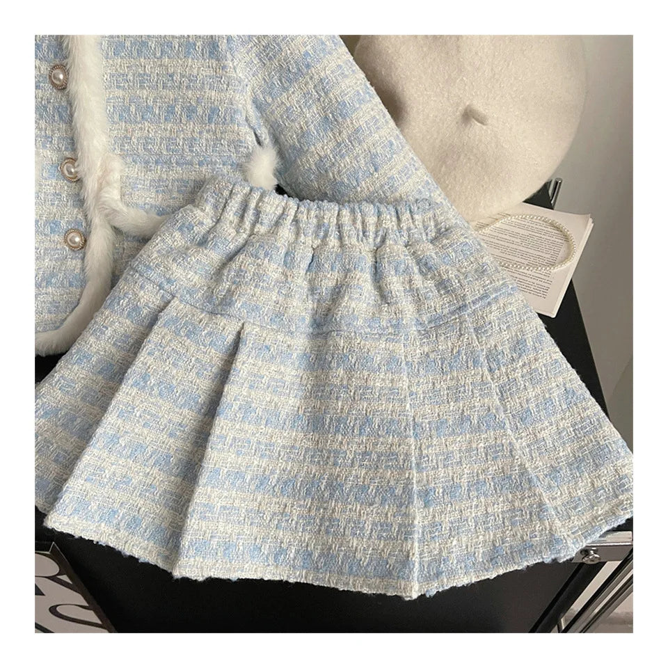 Children's Clothing Sets Tweed Scented Suit Fleece Coat + Pleated Skirt 2pcs Sets Baby Girl Clothes Kids Clothes 2 To 7 Years -
