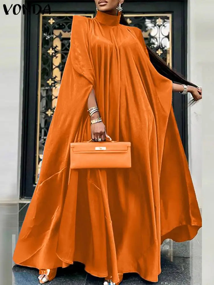 Plus Size 5XL VONDA 2023 Women Stand Collar Elegant Satin Dress Long Bat Sleeve Evening Pleated Maxi Sundress Casual Solid Robe -