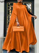 Plus Size 5XL VONDA 2023 Women Stand Collar Elegant Satin Dress Long Bat Sleeve Evening Pleated Maxi Sundress Casual Solid Robe -