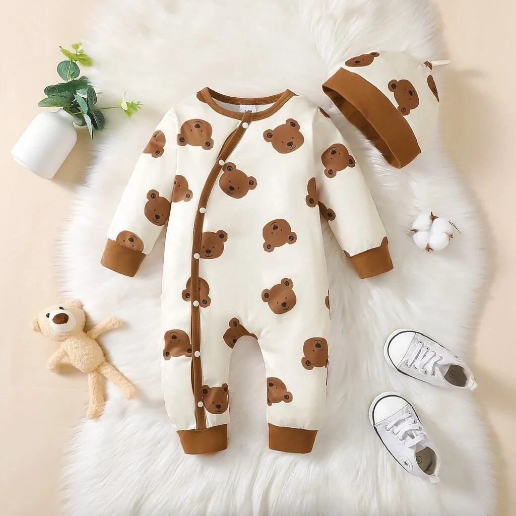 Keep your newborn baby boy cozy and adorable this spring with this 2-piece set—featuring a long-sleeved bear print romper and matching hat, perfect for ages 0-1 year! -