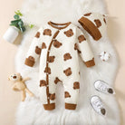 Keep your newborn baby boy cozy and adorable this spring with this 2-piece set—featuring a long-sleeved bear print romper and matching hat, perfect for ages 0-1 year! -
