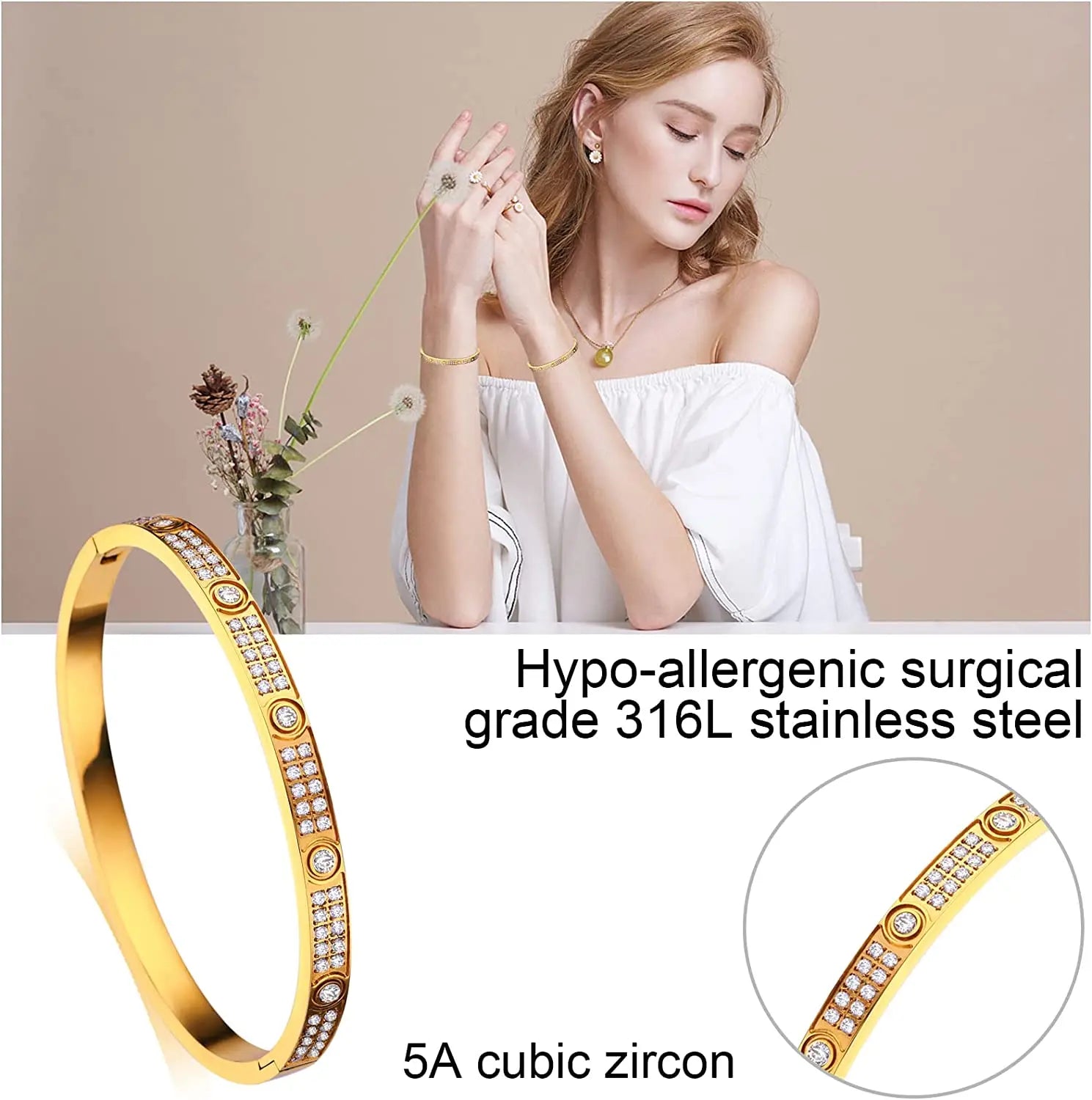 Gold Color Zircon And Cross Nut Nail Bracelet Gold & Bangle For Woman -