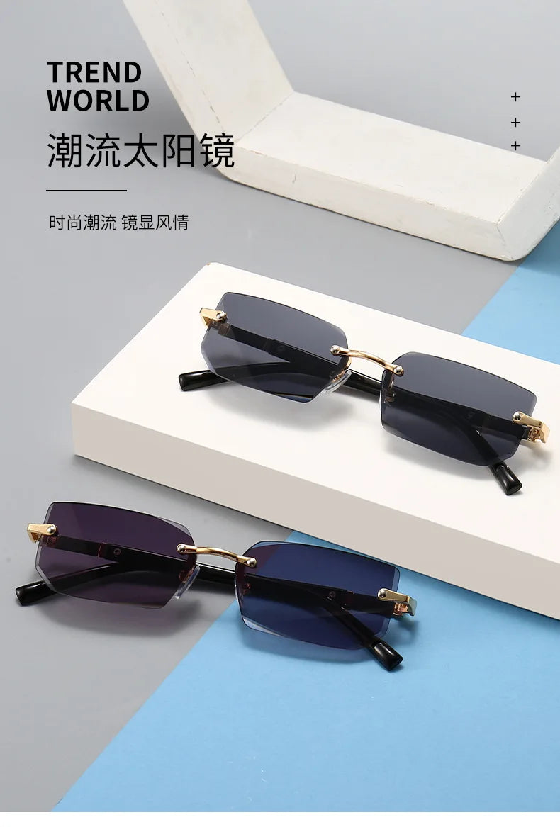 Rimless Sunglasses Rectangle Fashion Popular Women Men Shades Small Square Sun Glasses For Female Male Summer Traveling Oculos -