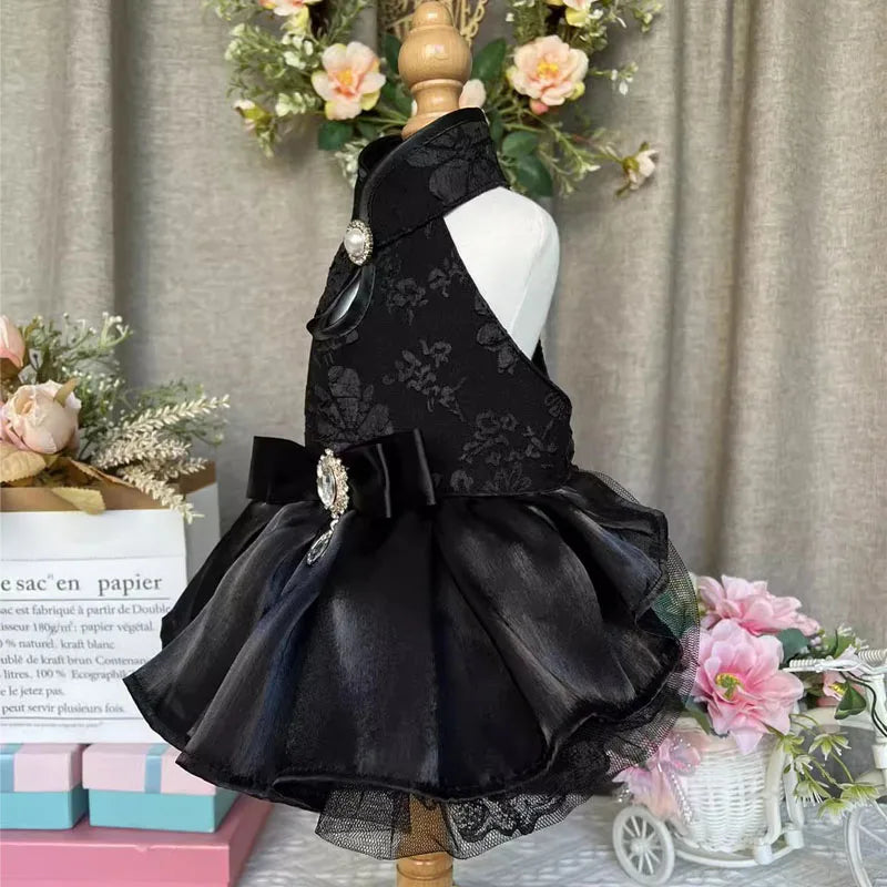 Handmade Pet Dog Clothes Flower Embroider Princess Skirts Fashion Elegant Black Evening Dress For Small Medium Dog Puppy Outfits -