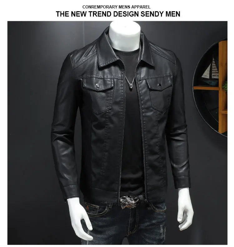 Men's Motorcycle Leather Jacket Large Size Pocket Black Zipper Lapel Korean Slim Fit Male High Quality PU Leather Coat for Men -