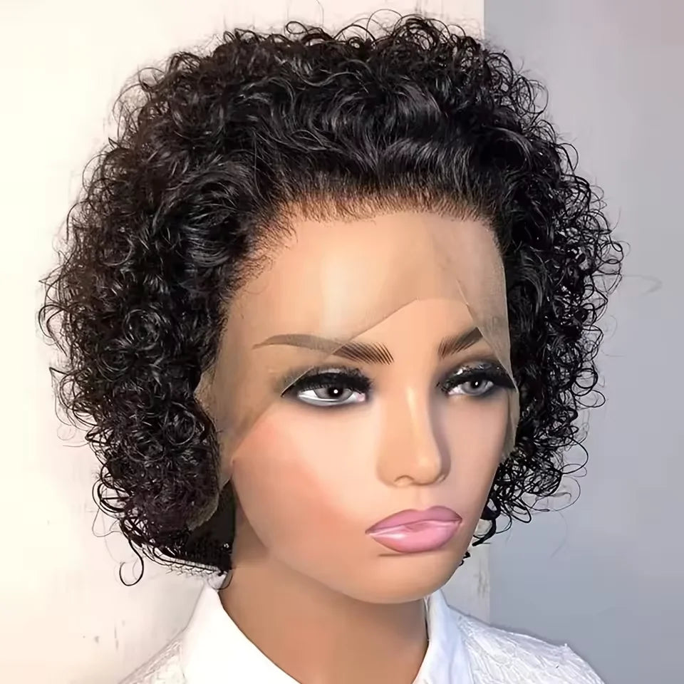 Achieve a natural look with this lace frontal short kinky curly bob wig. Made from Brazilian water wave hair, this trendy hairstyle is perfect for a stylish and fashionable appearance. -