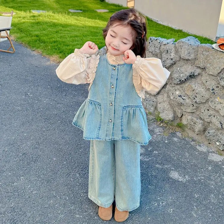 Children's Clothing Sets Girls Denim Vest + Long Sleeve Shirt + Wide Leg Pants Three-piece Suit Toddler Kids Boutique Clothes -