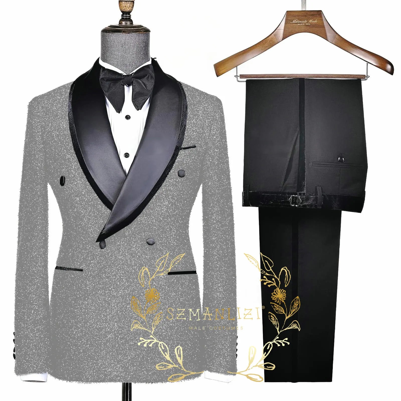 Fashion Shiny Black Men's Suits Slim Fit Double Breasted Shawl Lapel 2 Piece Jacket Pants Male Clothing Prom Party Outfits -
