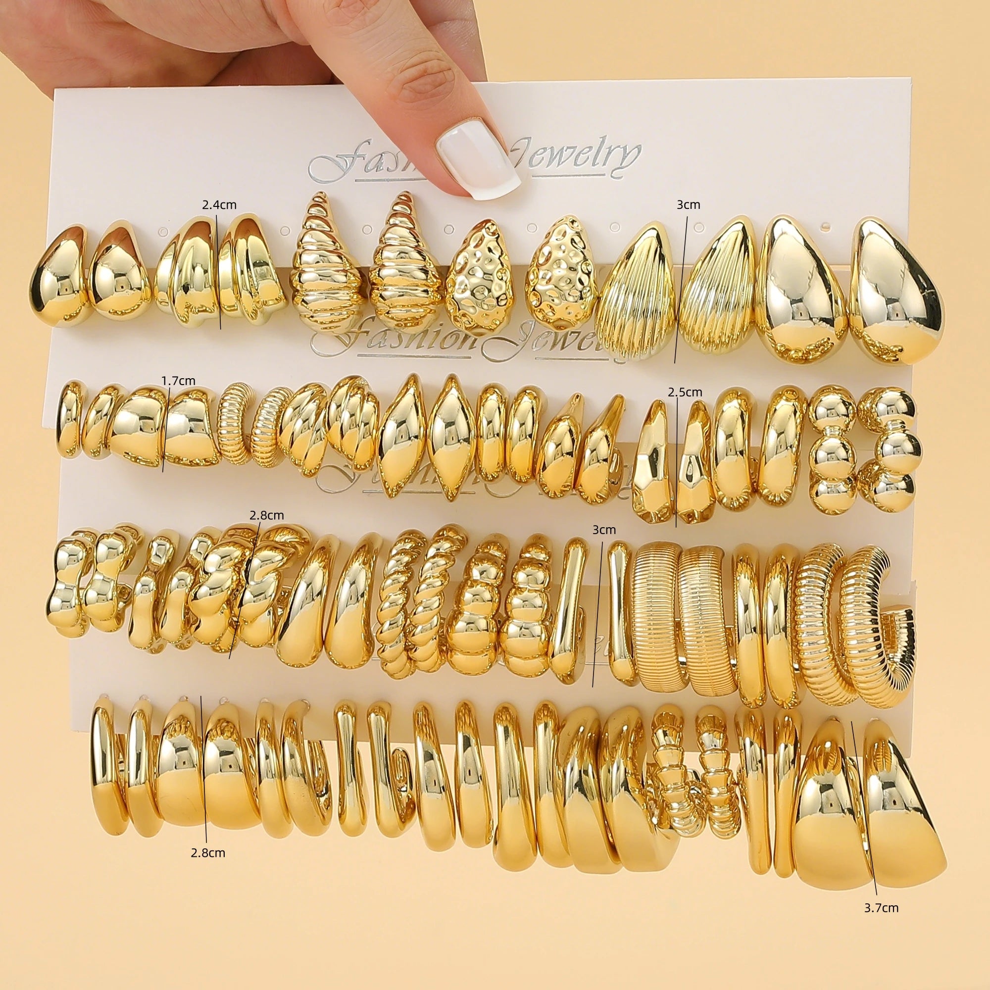 6 PAIRS-36 PAIRS Trendy Golden C-shaped, Water-droplet, Threaded Earring Set -