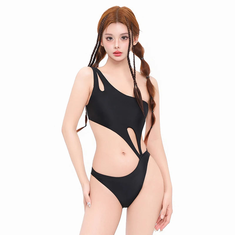 Black Women Swim Suit One-piece Swimsuits Korean Fused Swimwear Ladies Bathing Suits Off Shoulder Bodysuit Monokini Beachwear -