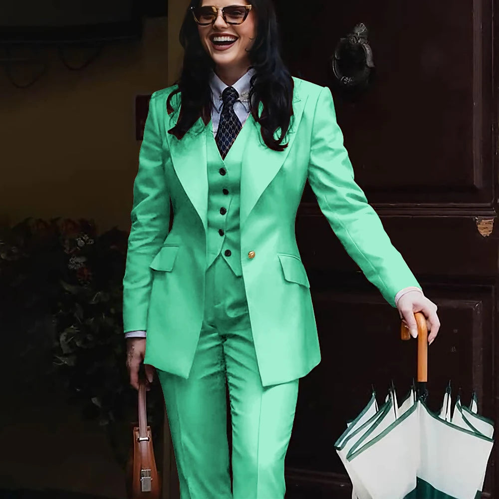 Autumn Retro Red Women's Jacket Pant Sets 3Piece Suit Single Button Peaked Lapel Blazer Formal Office Professional Outerwears -