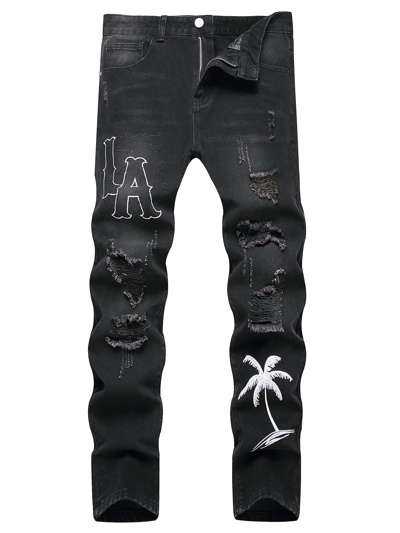Men's Jeans Black Denim Pants Straight Leg -